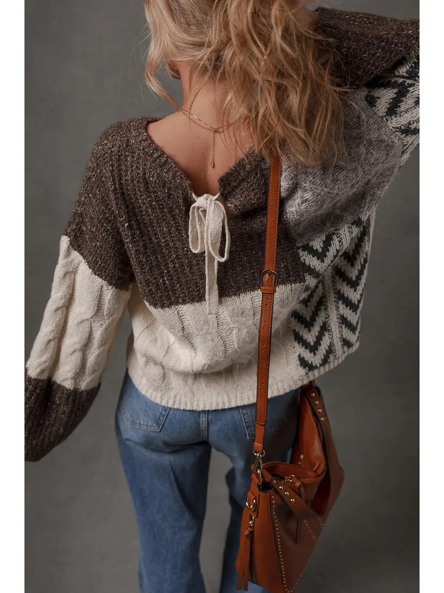 Color Block Patchwork, Tie Back, Loose Fit Sweater
