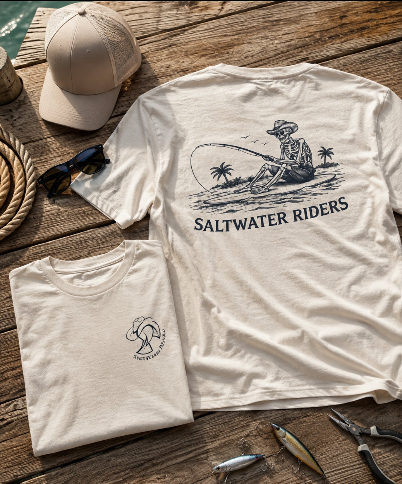 Skeleton Fishing On A Surfboard Tee